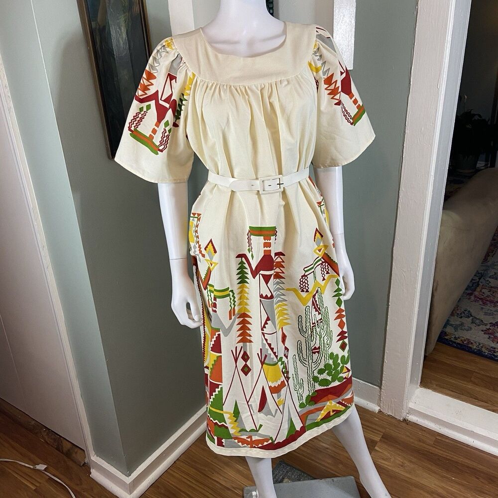 Vintage 70s Handmade Novelty Kachina Doll Southwest Midi Caftan House Dress M/L